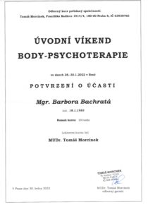 Barbora Bachratá, Body-psychoterapia, potrvdenie o účasti